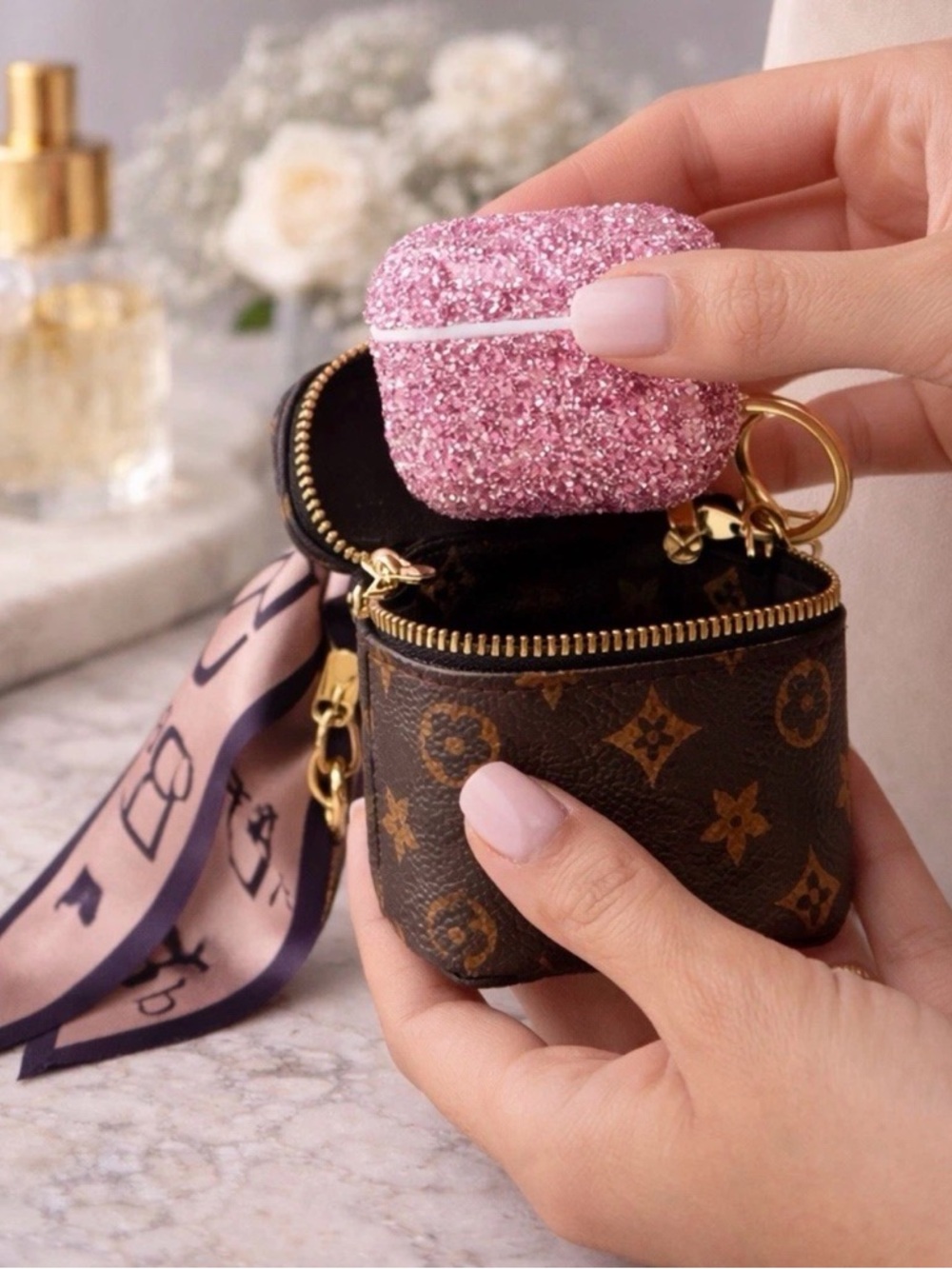 Designer Monogram Brown Vegan Leather Key & Card Holder with Gold Hardware - Picture 5 of 6